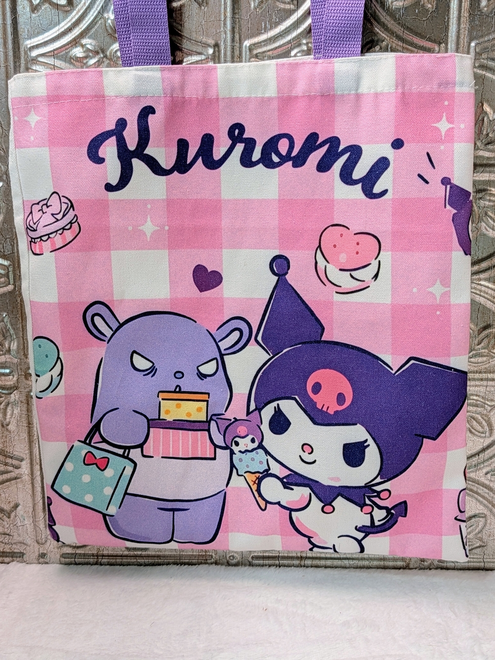 Sanrio Kuromi Pink Plaid Tote with Purple Accents